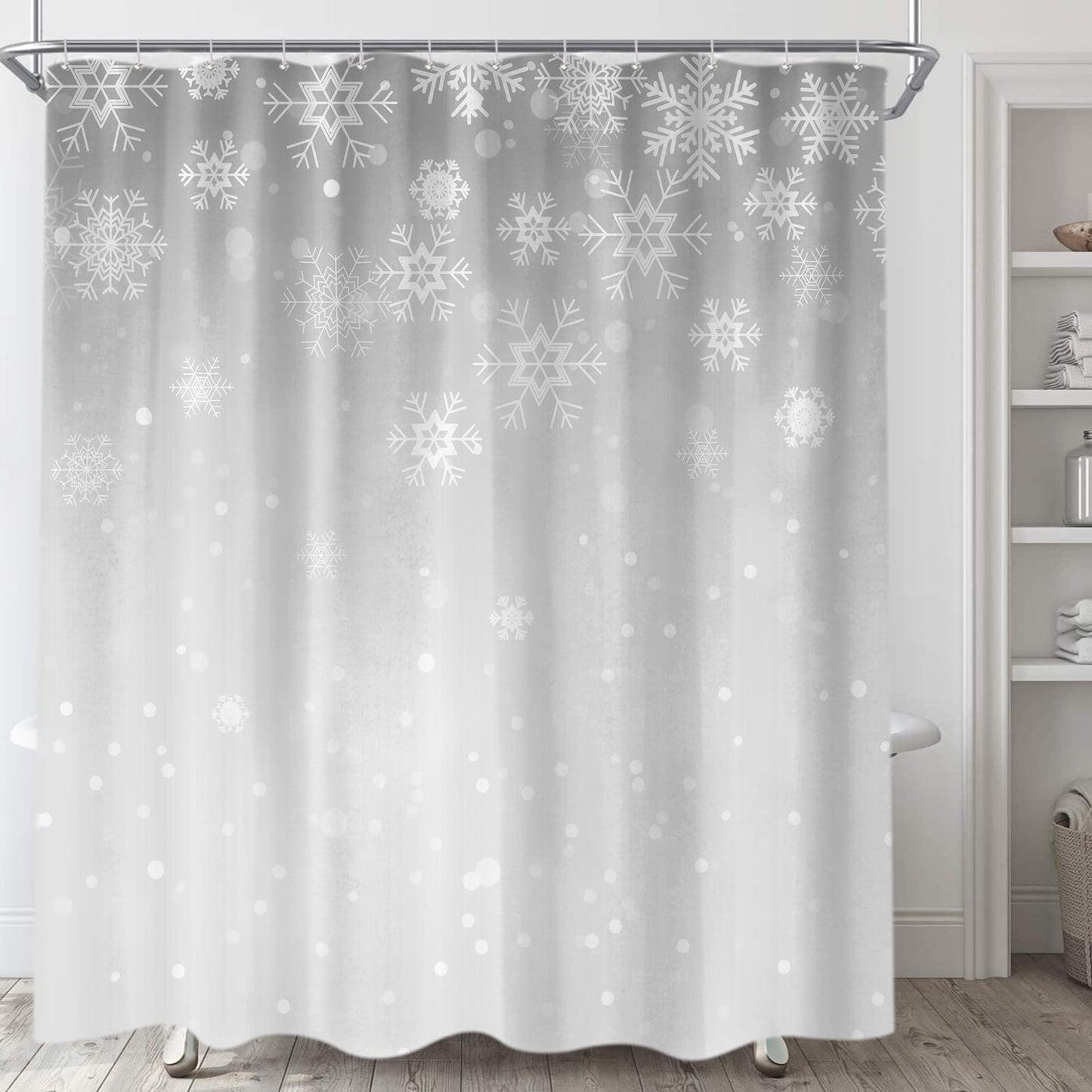 Sanzugh Grey Christmas Shower Curtain, Winter White Gray Silver Snowflake Fabric Shower Curtains Set for Bathroom Sparkly Xmas Snow Decoration with Hooks 72 X 72 inch Bath Decor