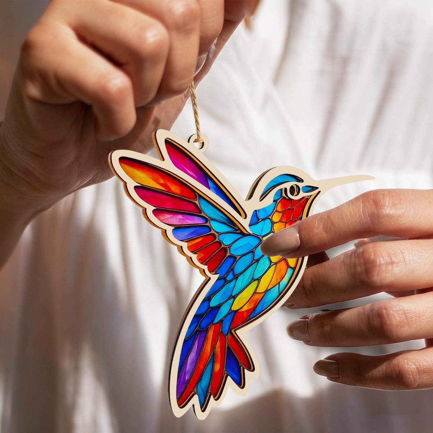 Hummingbird Christmas Ornament, Hummingbird Gifts,Stained Glass Window Hanging Gift for Women, Wood & Acrylic Memorial Keepsake for Christmas Tree, Home Decor (Burlywood)