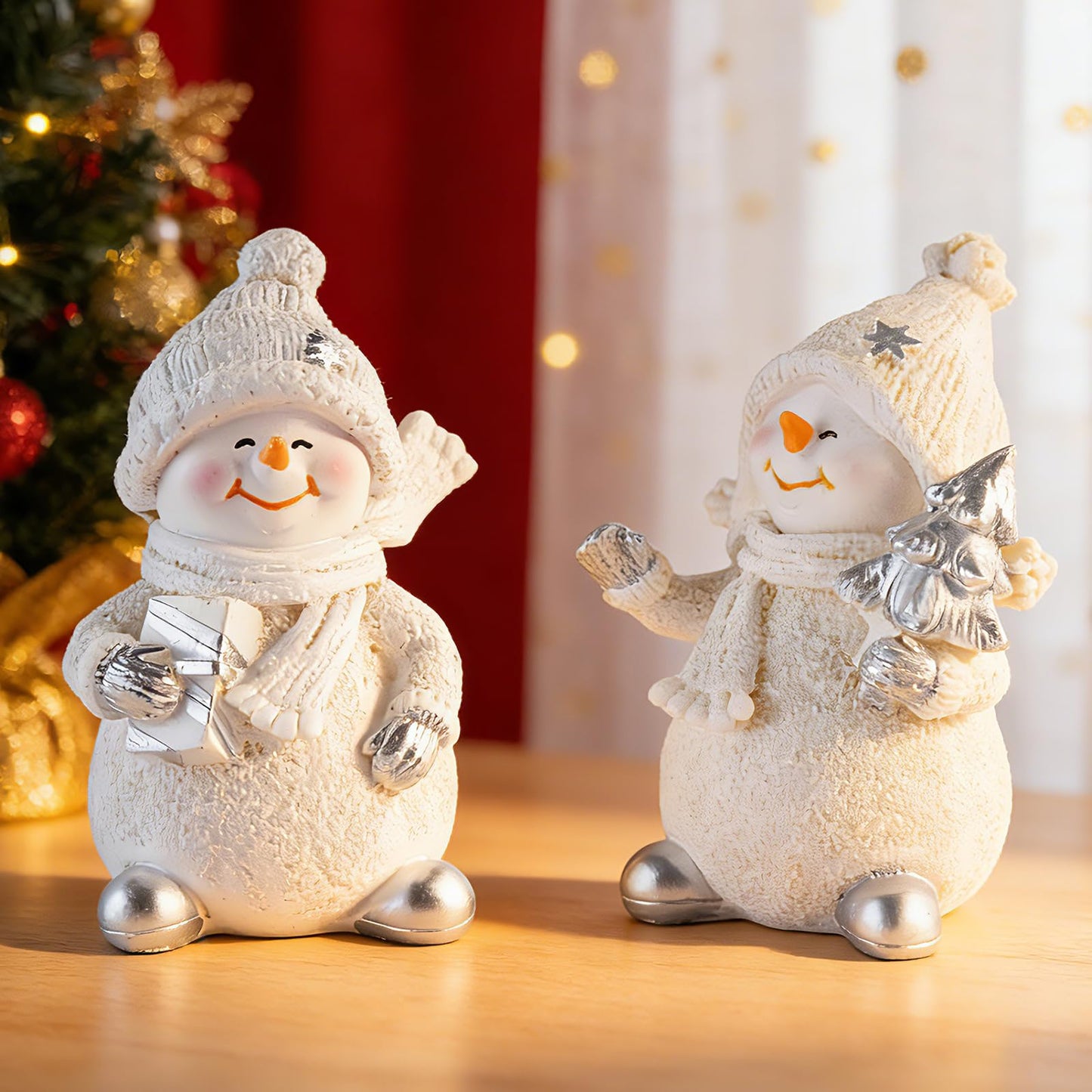 Brizoria Snowman Figurines Set of 2 White Resin Christmas Decorations with Silver Accents Winter Mantel Decor and Holiday Centerpieces for Table Home Indoor Tiered Tray Room Display