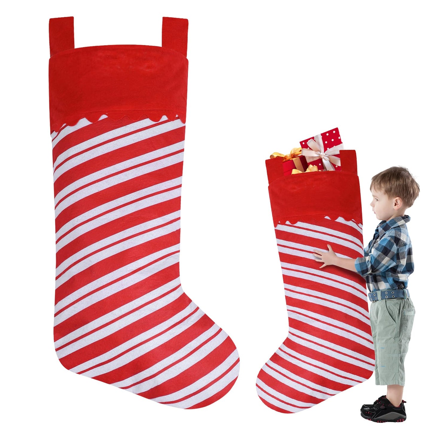 Asisca 2 Pack Jumbo Candy Cane Christmas Stockings, 38 Inches Large Red and White Felt Christmas Stockings for Xmas Tree Fireplace Hanging Decor and Holiday Party Family Home Decorations