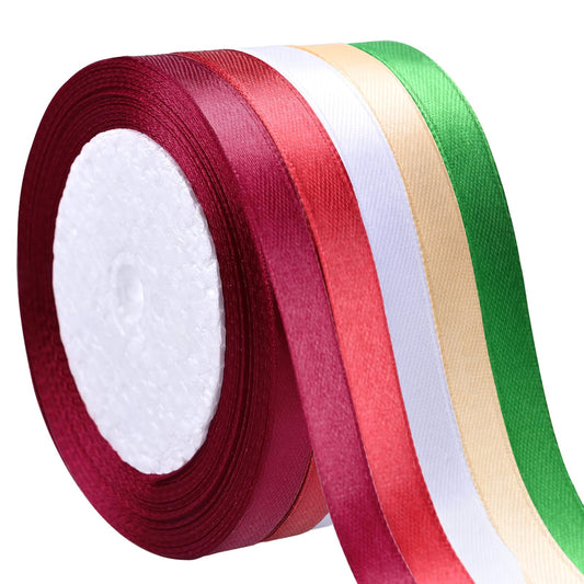 Showin 5 Rolls 10mm 125 Yards Christmas Ribbons, Holiday Satin Ribbons Fabric for Gift Wrapping and DIY Craft, Red & Dark Red & Green & Gold &White
