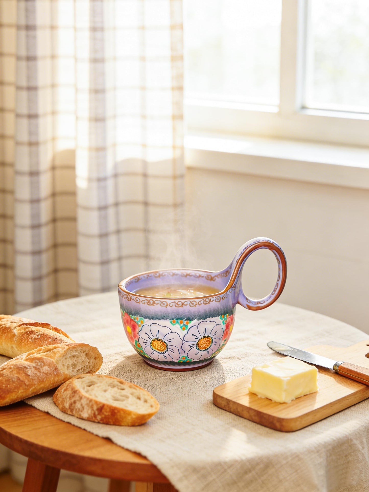 silesia Handmade Ceramic Soup Bowl with Loop Handle, Hand Painted Floral Cereal Bowl, Artisanal Soup Mug for Chili, Stew, Oatmeal, Microwave Safe, Glazed Purple