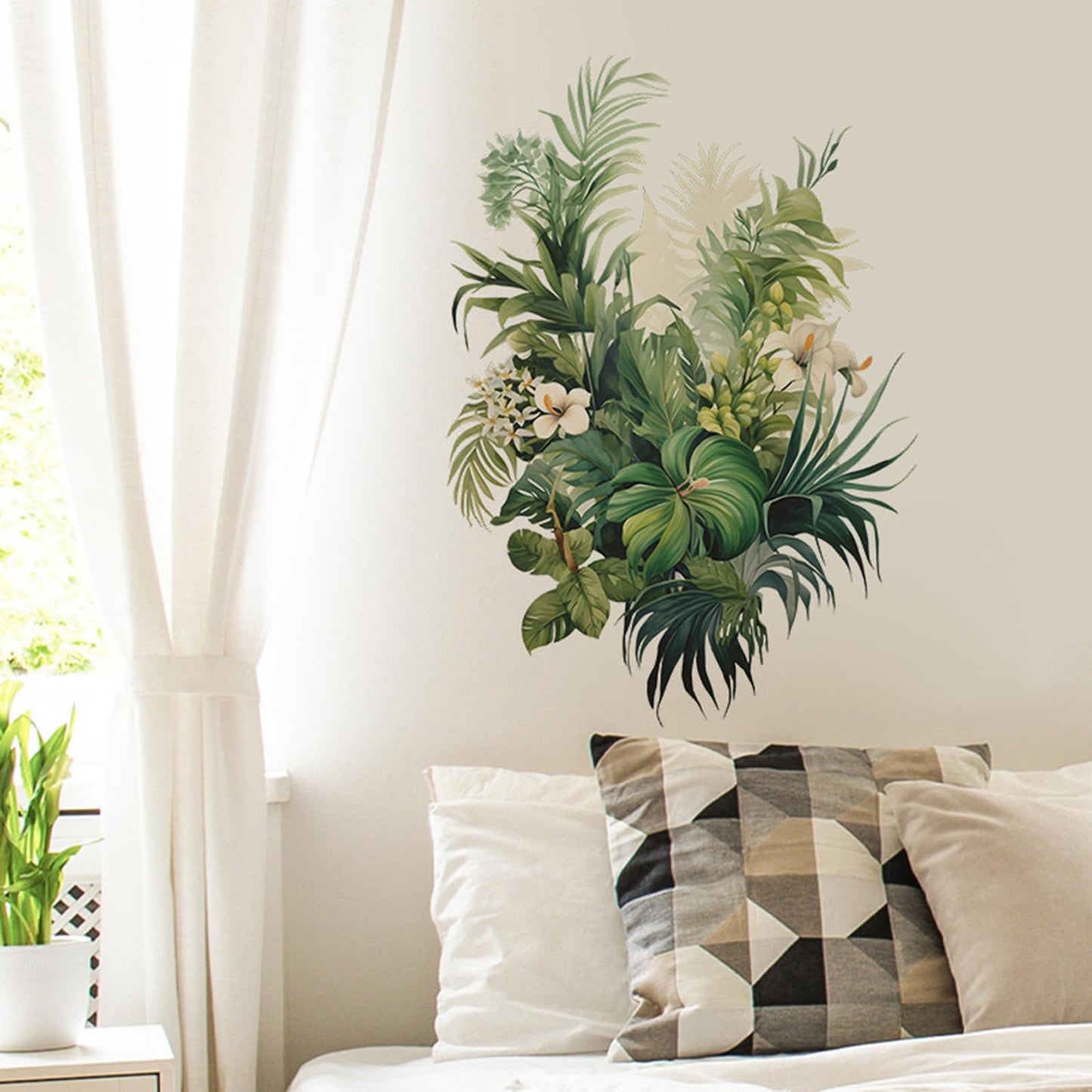 Tropical Plants Wall Decal, Peel and Stick Vinyl Stickers, Green Leaves and White Flowers, 22.4x15.7 inches