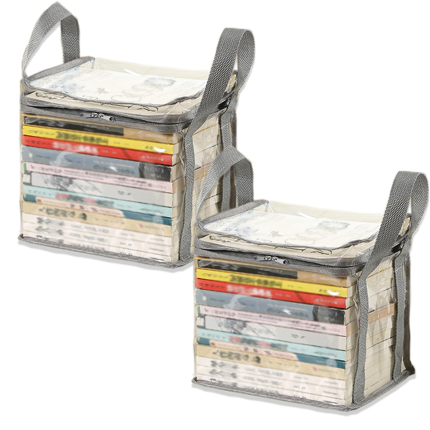 XLANMAY 2PCS Clear Book Storage Bag Plastic Comic Books Organizer Collapsible Book Display Case with Lid and Lifting Handle for Books Used Toys 38x24x32cm/15x9x13inches