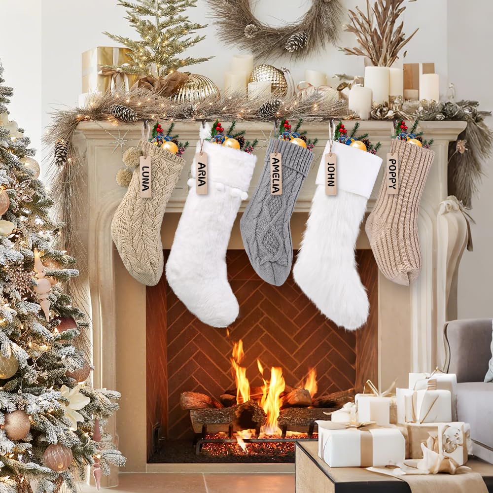 Teeanzo 5 Packs Brown Christmas Knitted Hanging Stockings,Xmas Large Farmhouse Rustic Neutral Cable Knit Personal Stockings Decorations for Christmas Tree Fireplace Family Holiday Party Decor