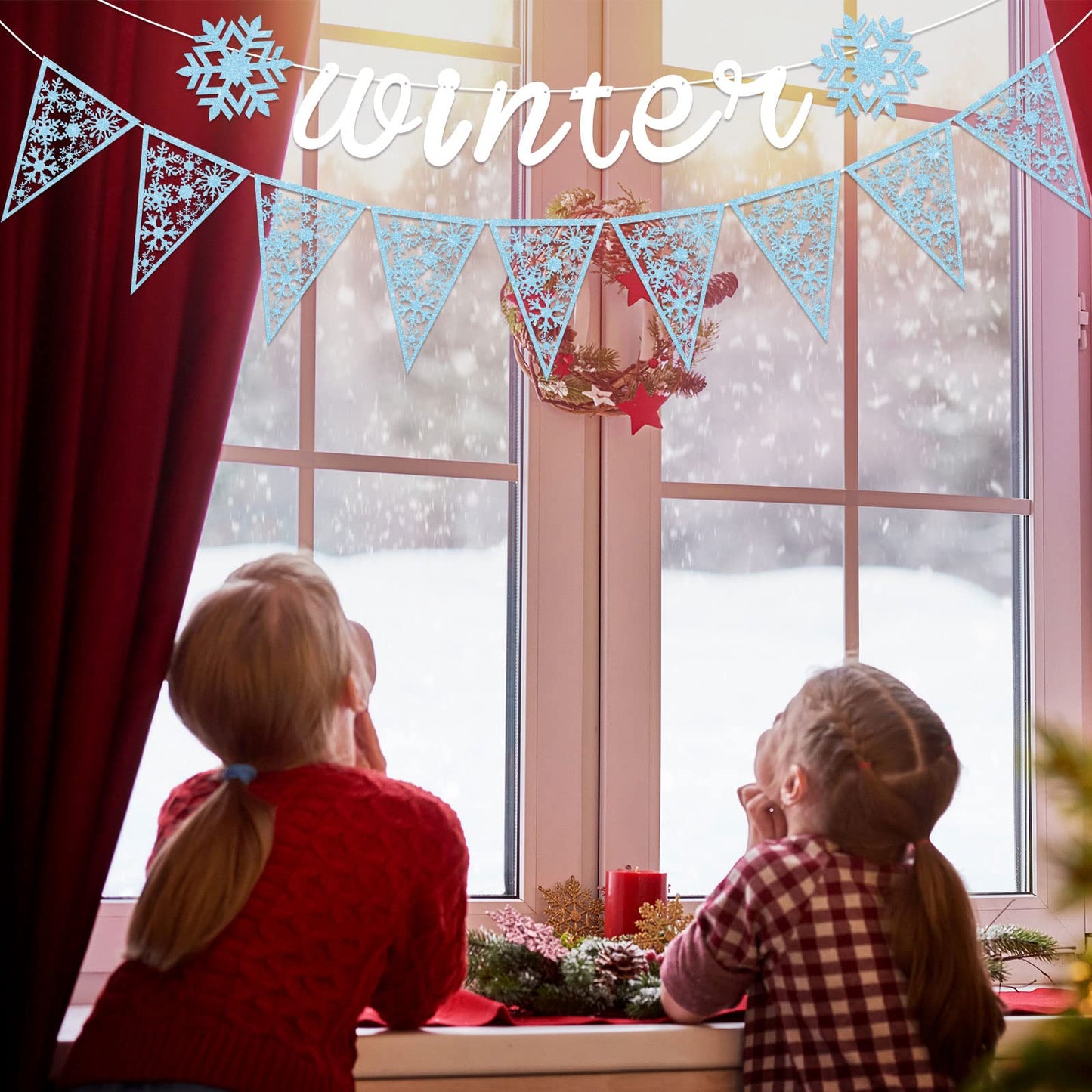 Gersoniel 3 Pack Winter Snowflake Wonderland Banner Snowflake Garland Christmas Hanging Decorations for Winter Christmas New Year Wonderland Party Supplies Home Mantle Office Decorations(Blue, Silver)