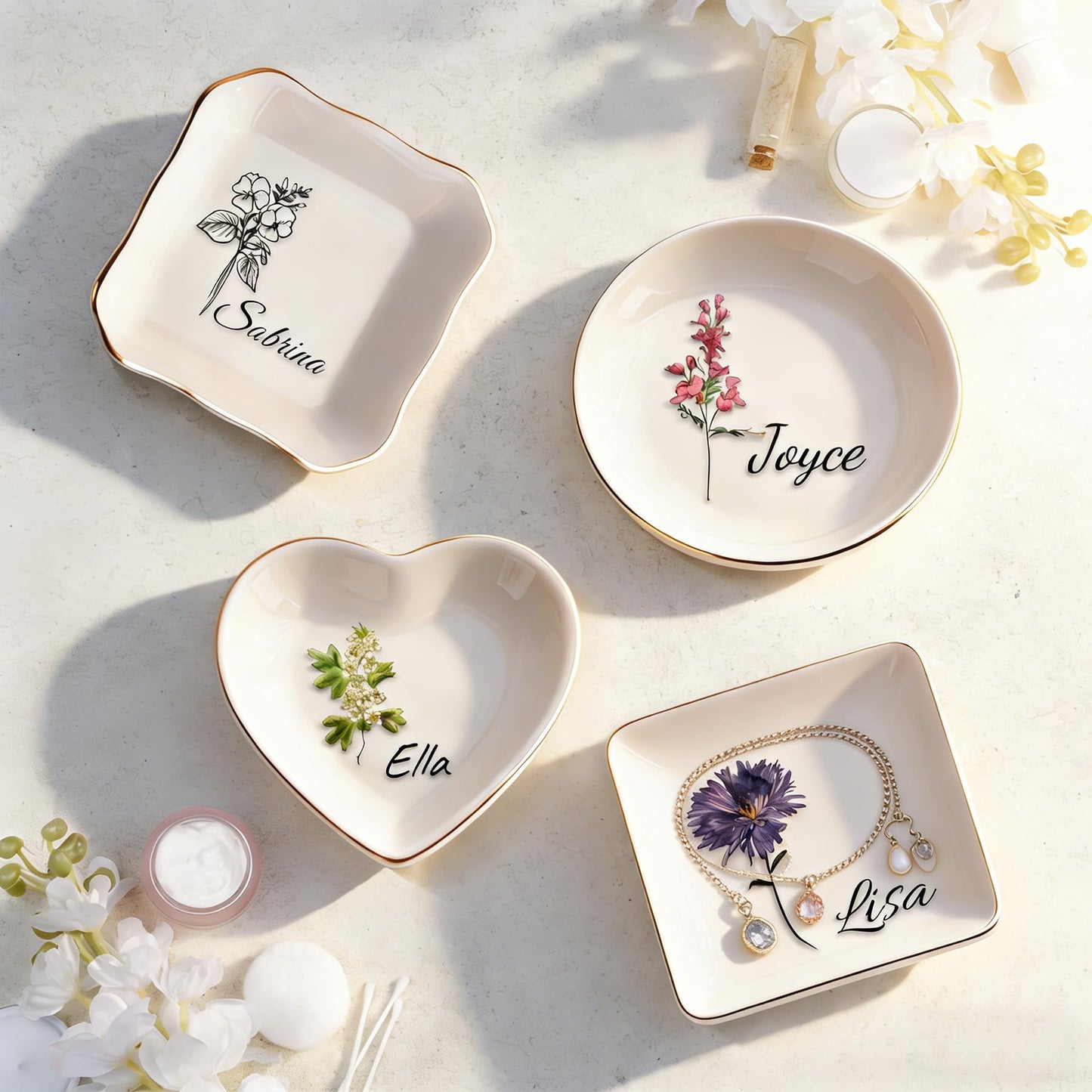 Personalized Ceramic Ring Dish, Personalized Birth Flower Jewelry Dish for Women, Personalized Besties Photo Ring Dish, Custom Jewelry Dish Gift for Besties, Anniversary Birthday Wedding Gifts (A)