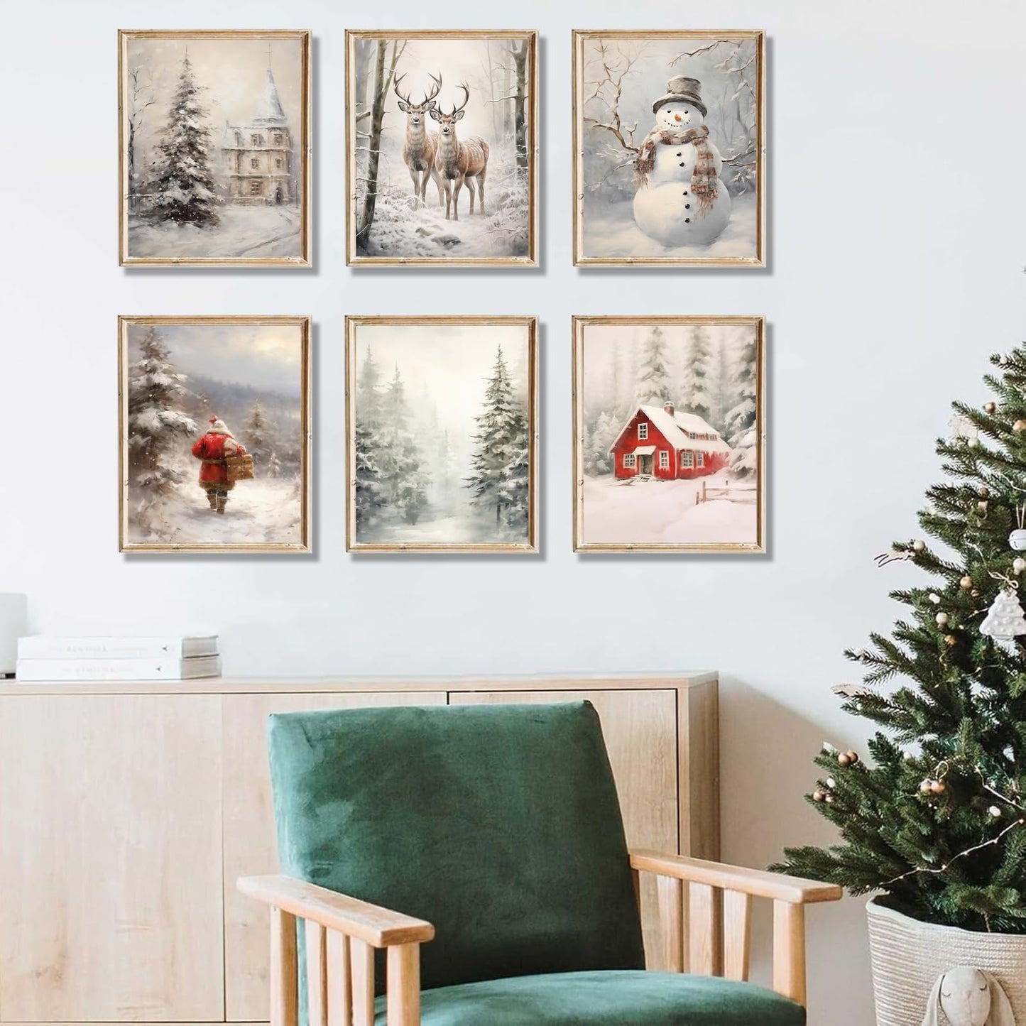 QBZWART Christmas Wall Art Set,6 Pieces 8x10 Inch Canvas Prints,Winter Holiday Theme with Tree,Snowman,Santa,Reindeer for Living Room,Farmhouse Decor,Unframed