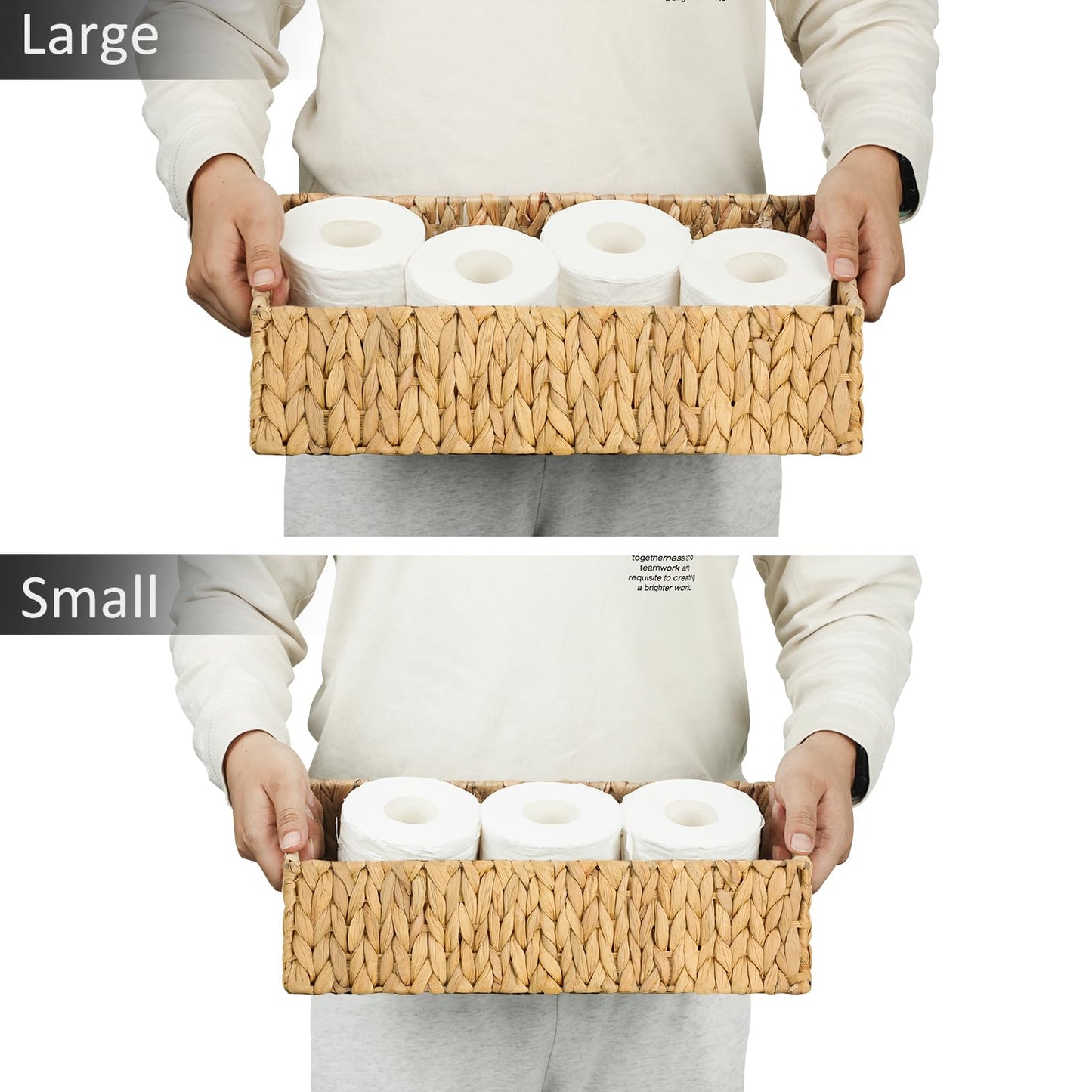 Graciadeco Nesting Small Wicker Basket, Water Hyacinth Toilet Paper Baskets Bathroom Organizer Woven Long Narrow Baskets for Organizing Pantry Bathroom Toilet Tank, 2 Pack