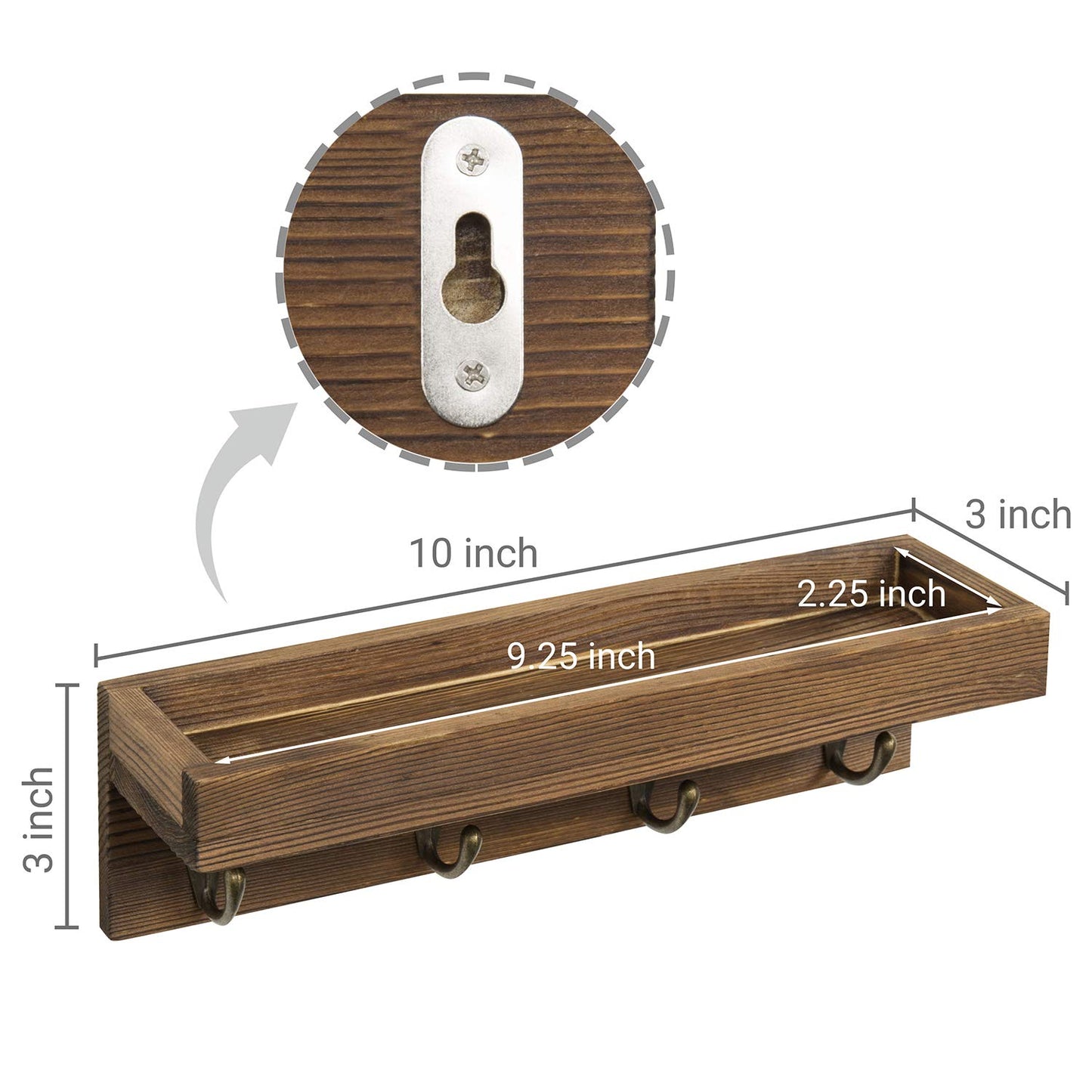 MyGift 10 Inch Floating Wall Shelf with Hooks, Dark Brown Wood Entryway Storage Shelf with 4 Metal Key Hooks