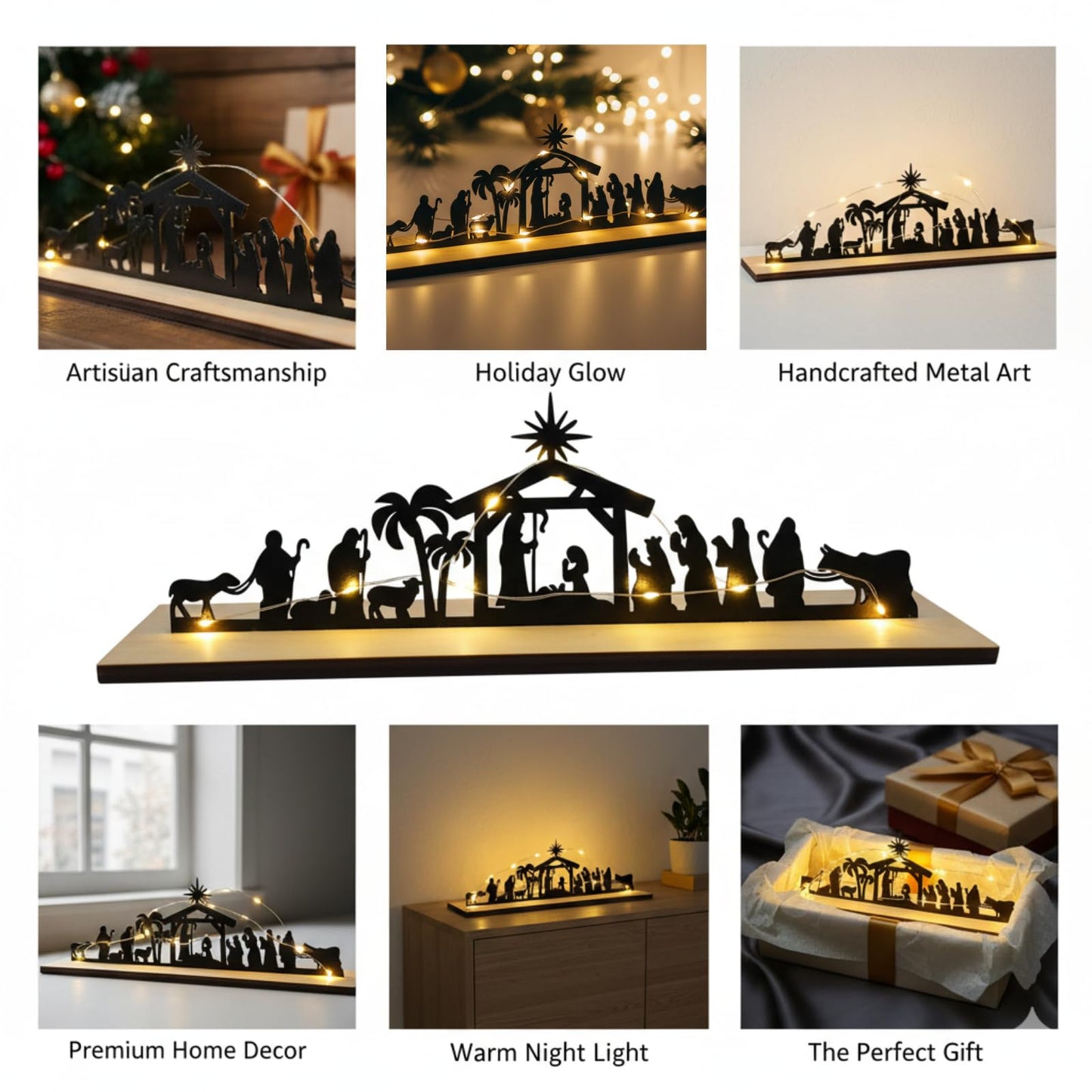 Qtaikong Christmas Table Decorations Wooden, Nativity Scene Silhouette Centerpiece - Christian Jesus Christmas Decor for Indoor Tabletop, Holiday Home Decor - B