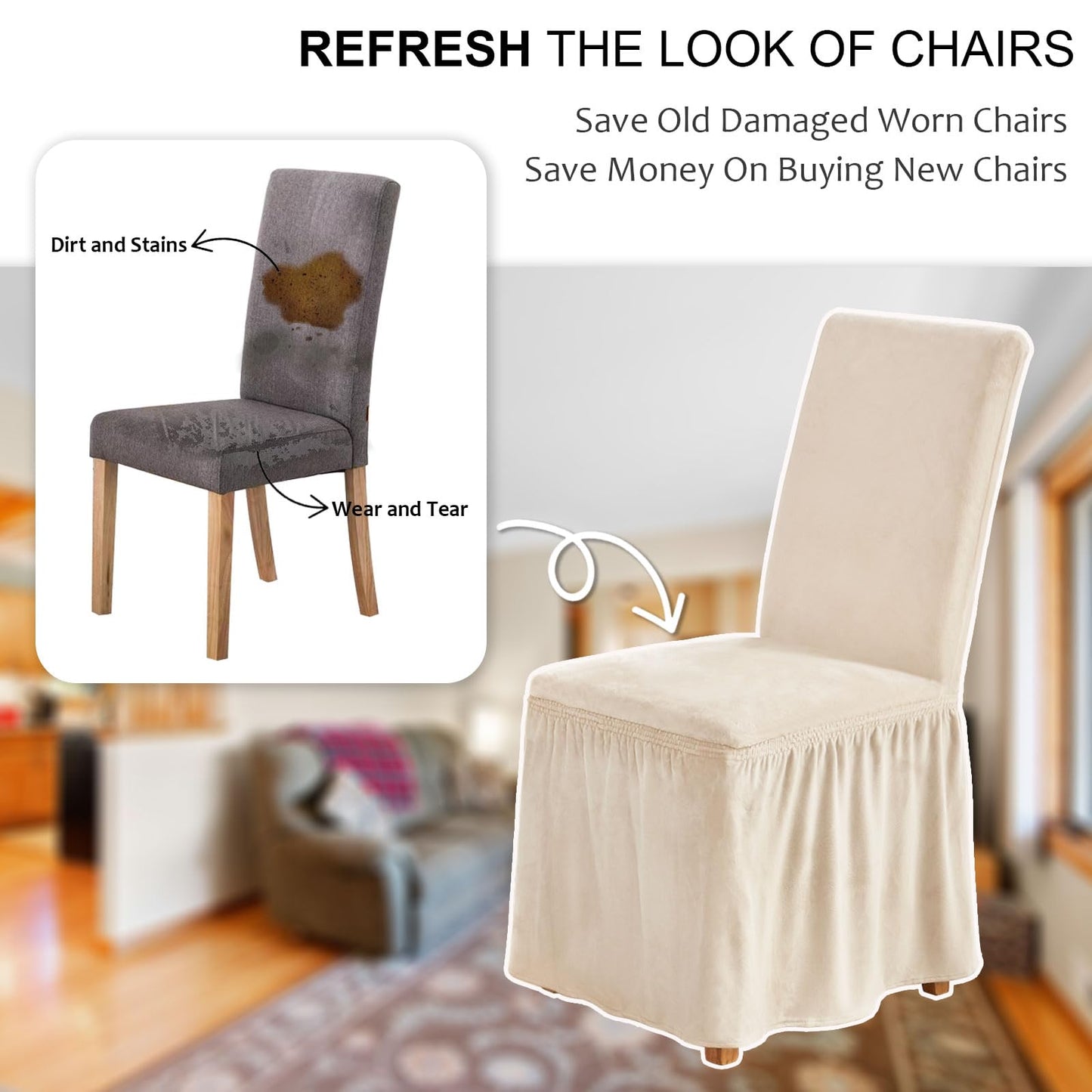 NICEEC Spandex Chair Covers for Dining Chairs Covers Set of 2 Removable Dining Room Chair Covers with Skirt Parson Chair Slipcovers Washable Chair Protector for Kitchen Wedding Party Banquet(Beige)