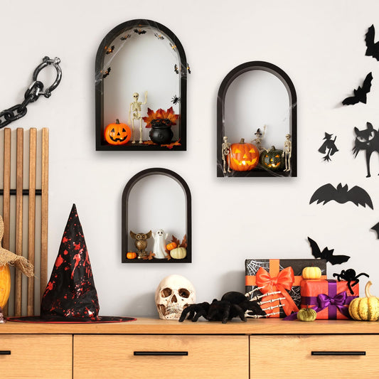Threehoney 3 Set Wall Shelf 9.8 x 7.1 Inch Wooden Hanging Shelf Deep Display Storage Shelves Floating Shelves for Home Office Room Mini Figures Potted Plants Wall Decor(Arched,Black)