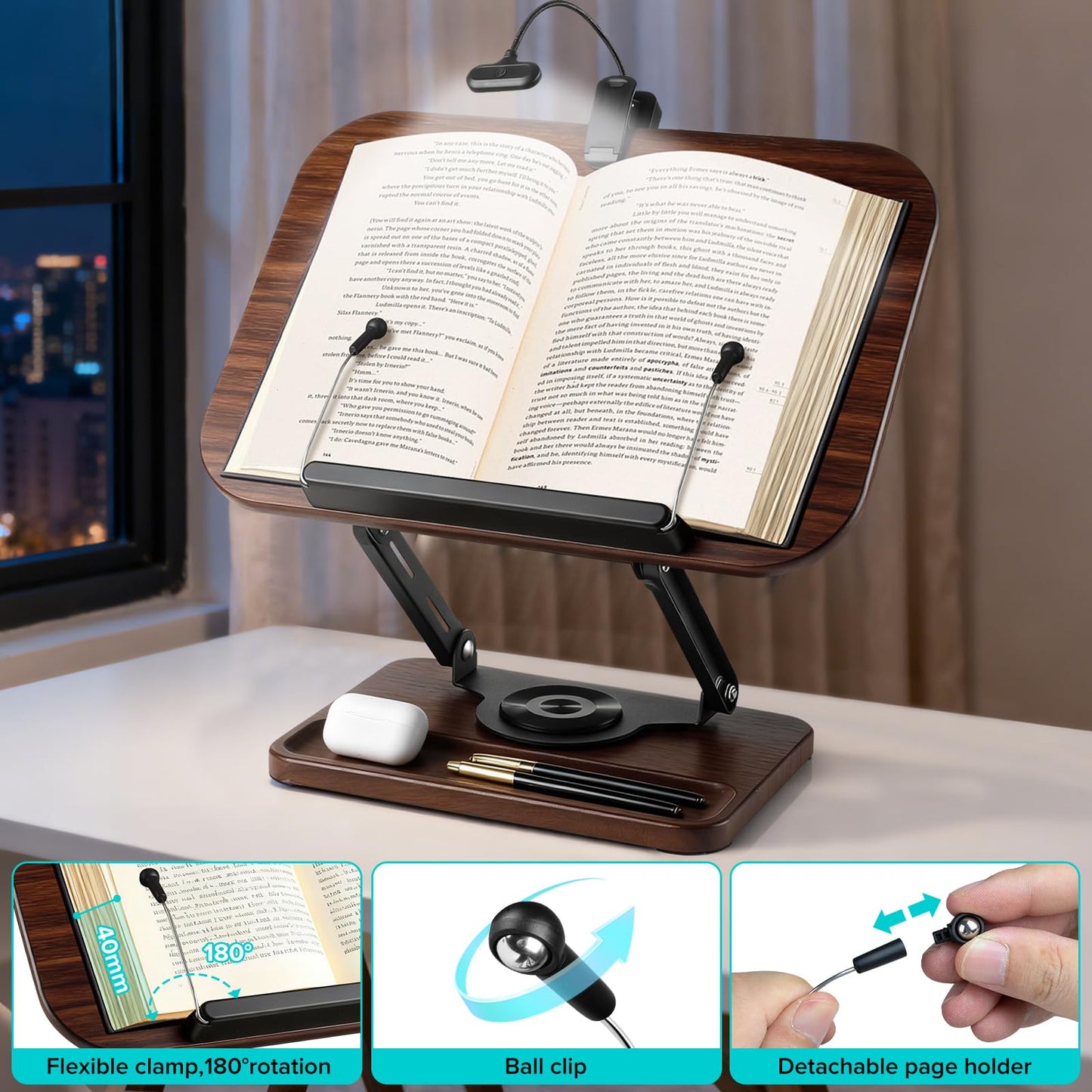 UikJOY Book Stand with Light & Storage, Book Holders for Reading Hands Free, Wooden Cookbook Stand with Adjustable Height & 360 °Angle for Recipe,Magazine,Laptop,Tablet, Bible