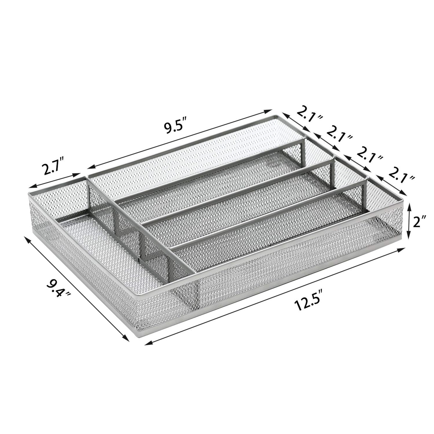 JANE EYRE Drawer Organizer, Cutlery Tray Silverware Flatware Storage Divider for Kitchen, Mesh Wire with Non-slip Foam Feet, 5 Component, Silver