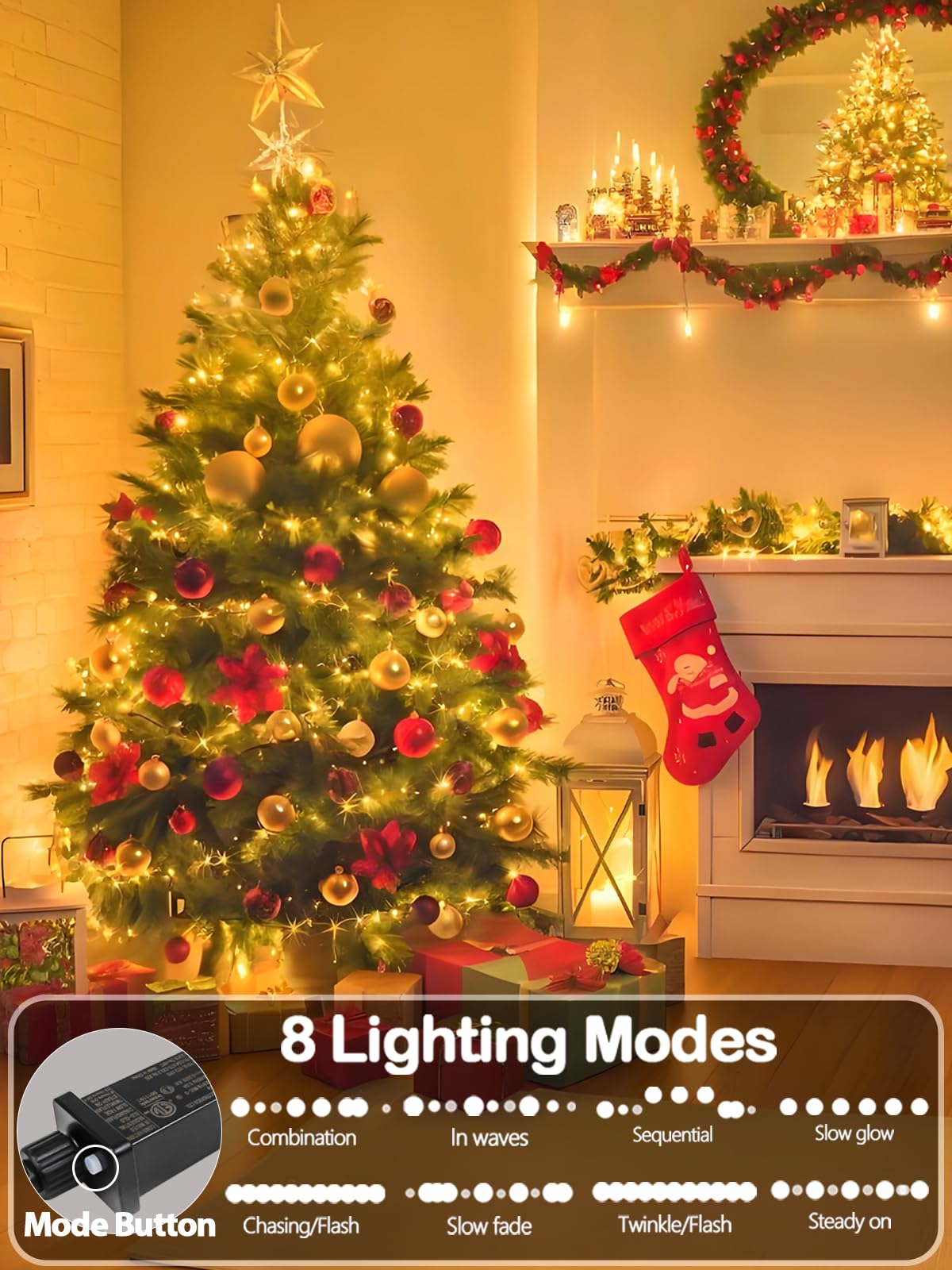 Upgraded 75.8 FT 200 LED Christmas String Lights Outdoor/Indoor, Timer & Memory Function & 8 Modes, Extendable Green Wire Waterproof Fairy String Lights for Xmas Tree Holiday Party Garden (Warm White)