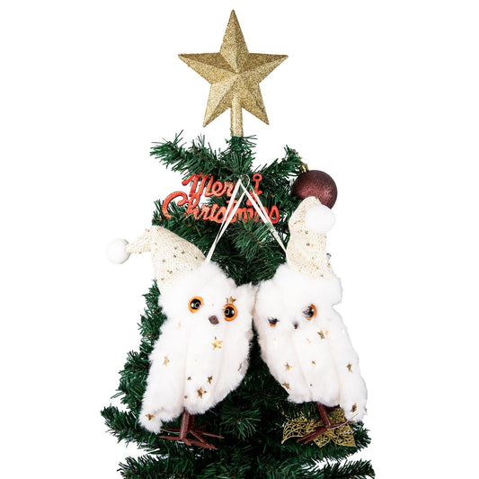 Cartanfill-Christmas Tree Owl Ornaments Set with Gold Star Topper, Plush Decorative Winter Birds, Pink Mint Brown White (A 2PC)