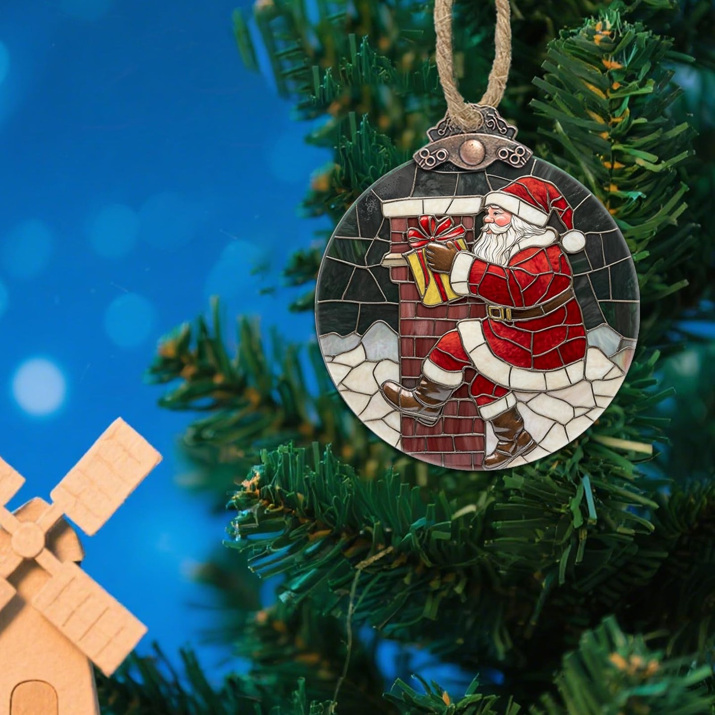 AMDERVEN Stained Glass Christmas Decorations, Santa Claus Delivering Gifts Suncatcher for Window Christmas Tree Hanging Ornaments Sun Catcher Xmas Decor Gifts for Women Men Mom Nana Friend