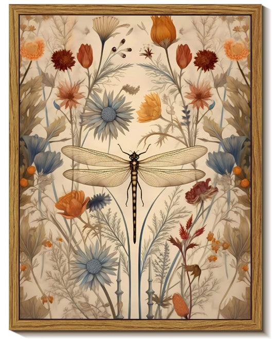 Framed Vintage Dragonfly Canvas Wall Art Whimsical Botanical Floral Picture Elegant Mid Century Natural Poster Prints Eclectic Insect Aesthetic Painting Wall Decor for Living Room Bedroom 8x10in