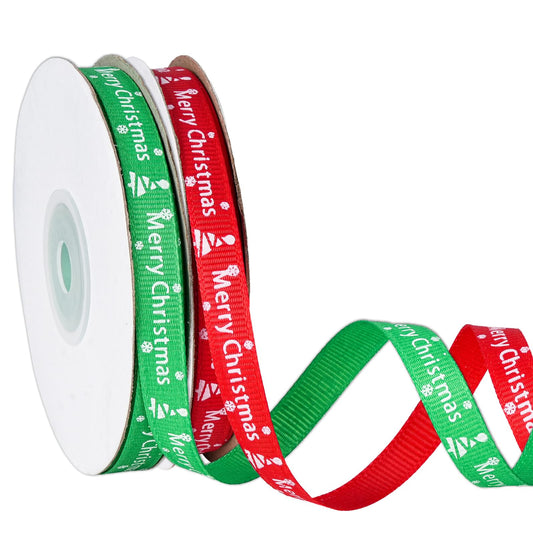 Merry Christmas Ribbon 3/8 Inch, 25 Yards/Roll x 2 Rolls Trees and Snowflakes Prints Grosgrain Ribbons for Gift Wrapping Bows Holiay Party Decorations.（red + Green）