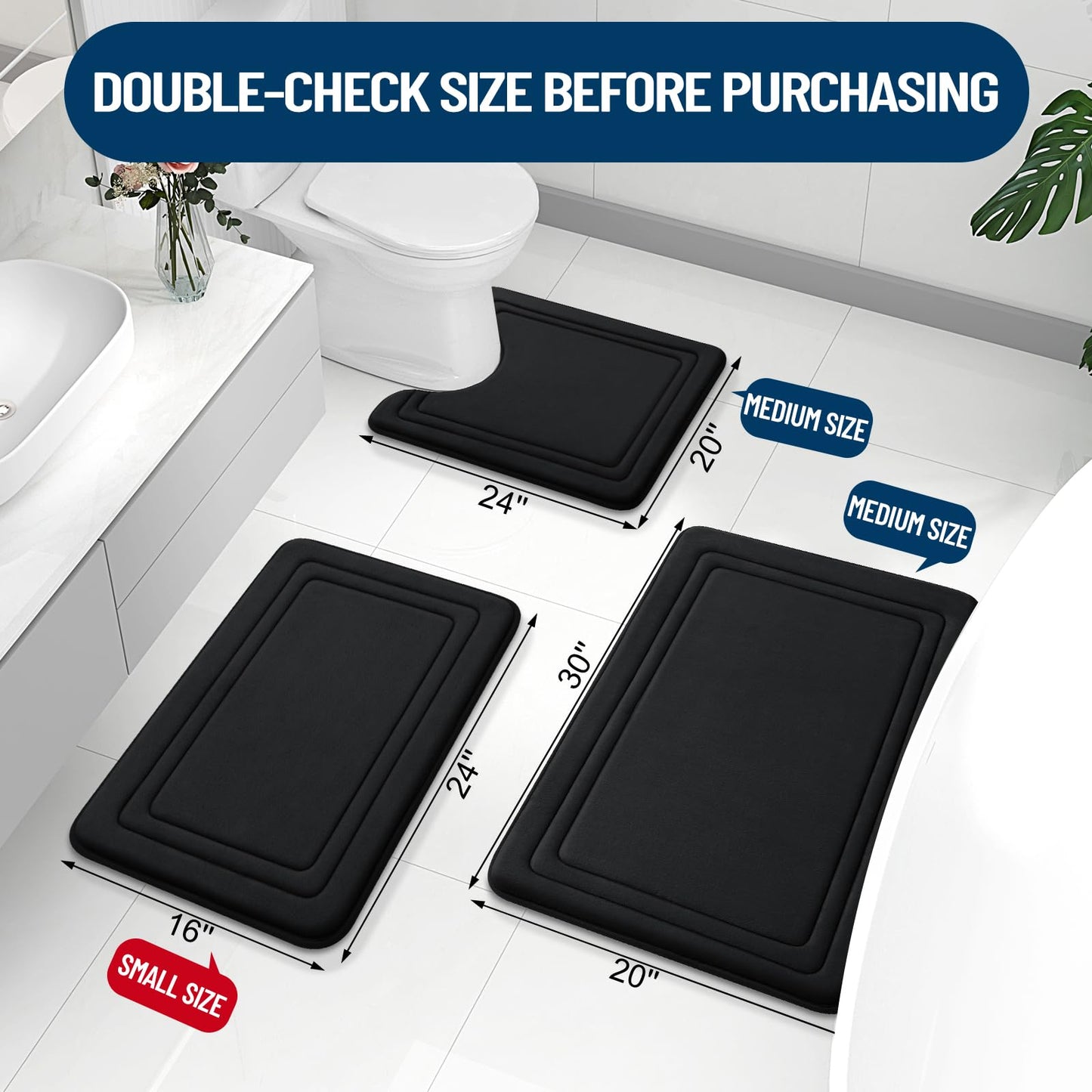 Grandaily Memory Foam Bath Mat Rug 30x20, Ultra Soft, Non-Slip and Absorbent Bathroom Rugs, Machine Wash Dry, Comfortable Bath Carpet for Bathroom Floor, Tub and Shower, Black