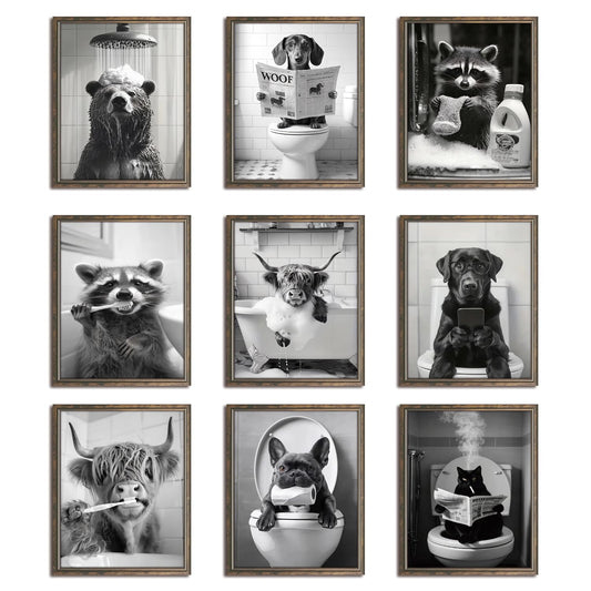 Funny Bathroom Wall Art Set of 9 - Black and White Humorous Animal Wall Decor Pictures, Vintage Bathroom Canvas Poster Prints for Washroom Restroom Decoration 8x10 Inch Unframed
