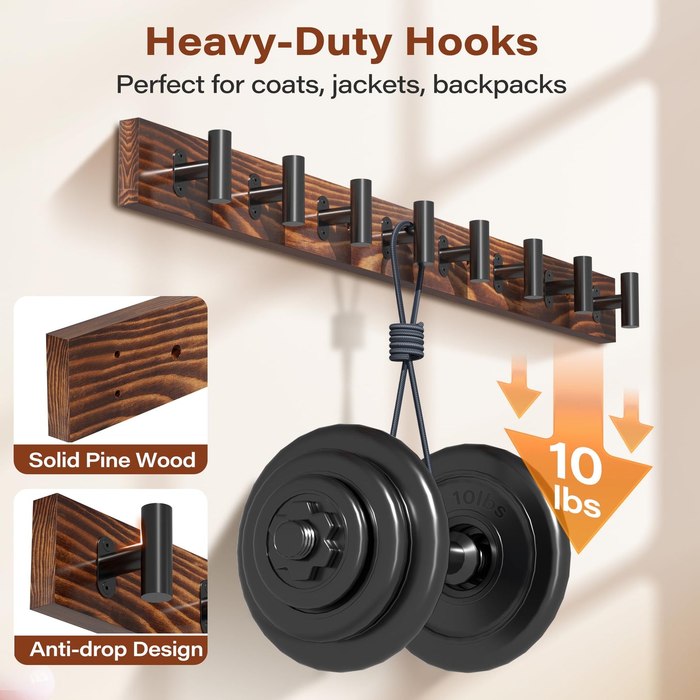 Orapoke Coat Rack Wall Mount 2 Pack with 8 Pre-Installed Metal Hooks, Rustic Pine Solid Wood Coat Hanger Wall Mount for Entryway & Living Room, Coat Hooks for Hanging Jacket, Hat, Backpack (32.3")