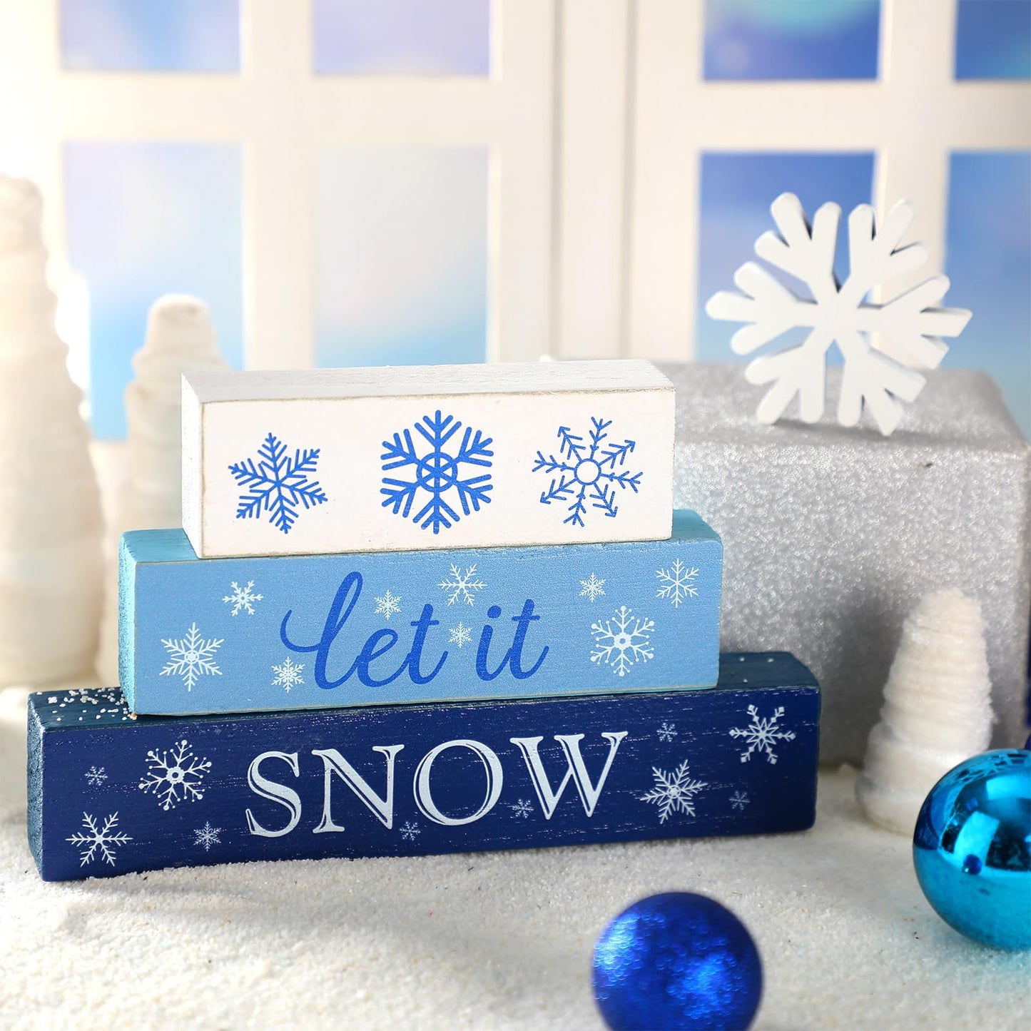Suzile 4 Pcs Winter Table Decorations Snowflake Tabletop Decor Wooden Winter Tiered Tray Let It Snow Table Topper Centerpiece Tiered Tray for Wonderland Farmhouse Blue Christmas Decorations