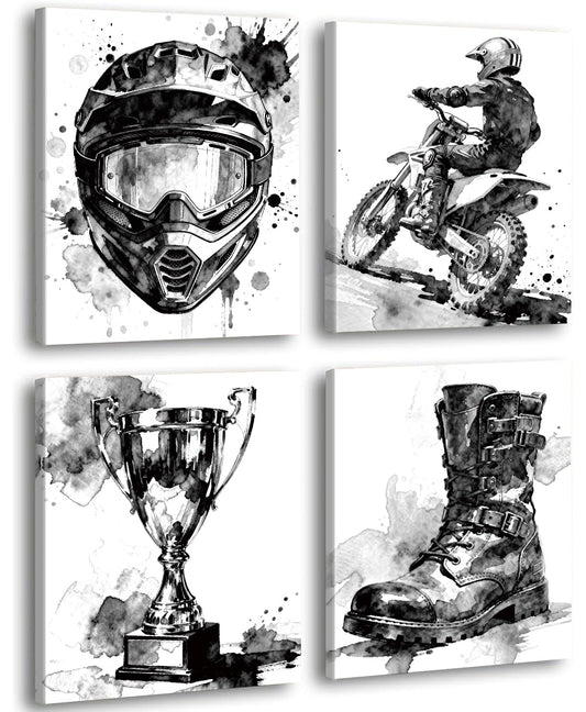 Framed Motocross Wall Art Canvas Prints,Black and White Motocross Room Decor,Dirt Bike Decor for Boys Motocross Bedroom Picture Photo,Motorcycle enthusiast boy and girl room Decor,Set of 4(8"x10")