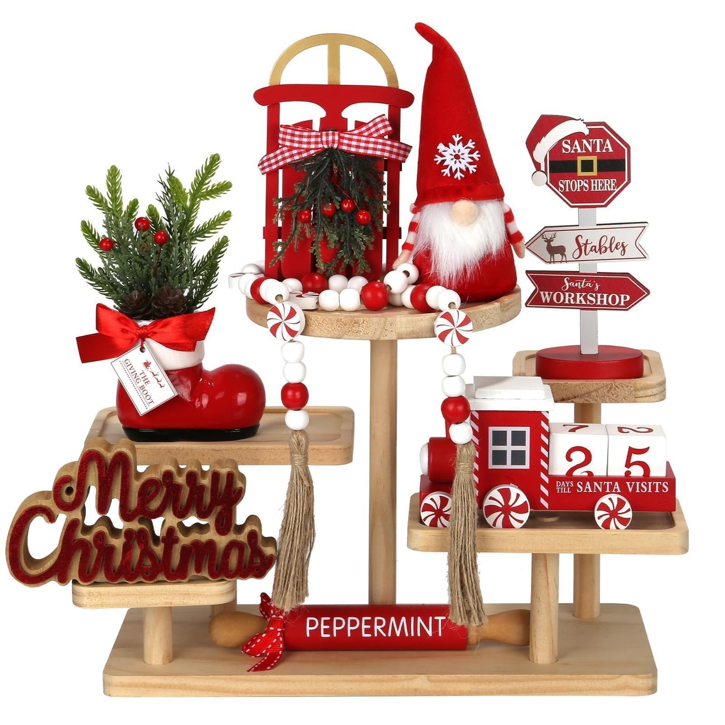 Christmas Decorations 8 PCS Tiered Tray Decor Set, Cute Tabletop Christmas Decor for Home Office Shelf Mantel Coffee Bar Xmas Table Centerpieces Tray Objects Holiday Decoration Set
