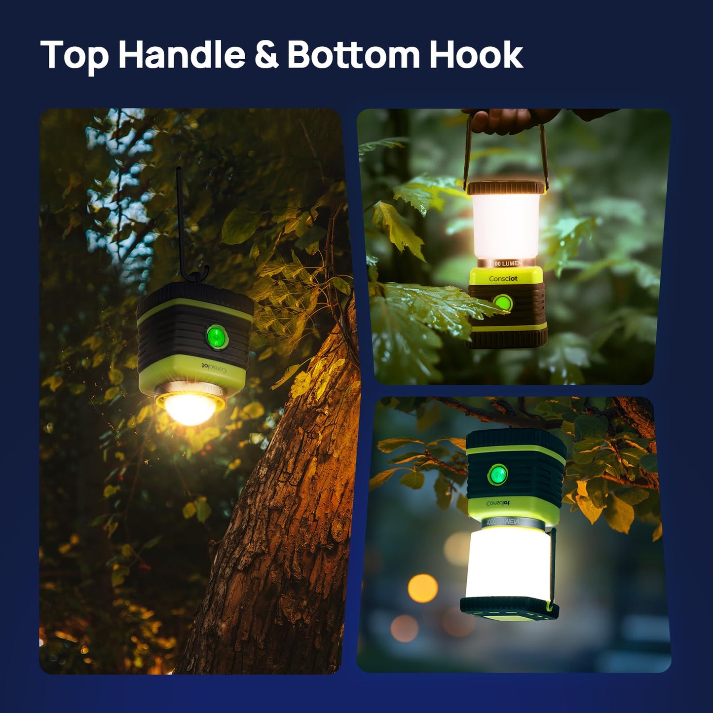 Consciot LED Battery Powered Camping Lantern, 1000LM, 4 Light Modes, IPX4 Waterproof Portable Tent Flashlight for Power Outages, Emergency, Hurricane, Hiking, Light Green, 2-Pack