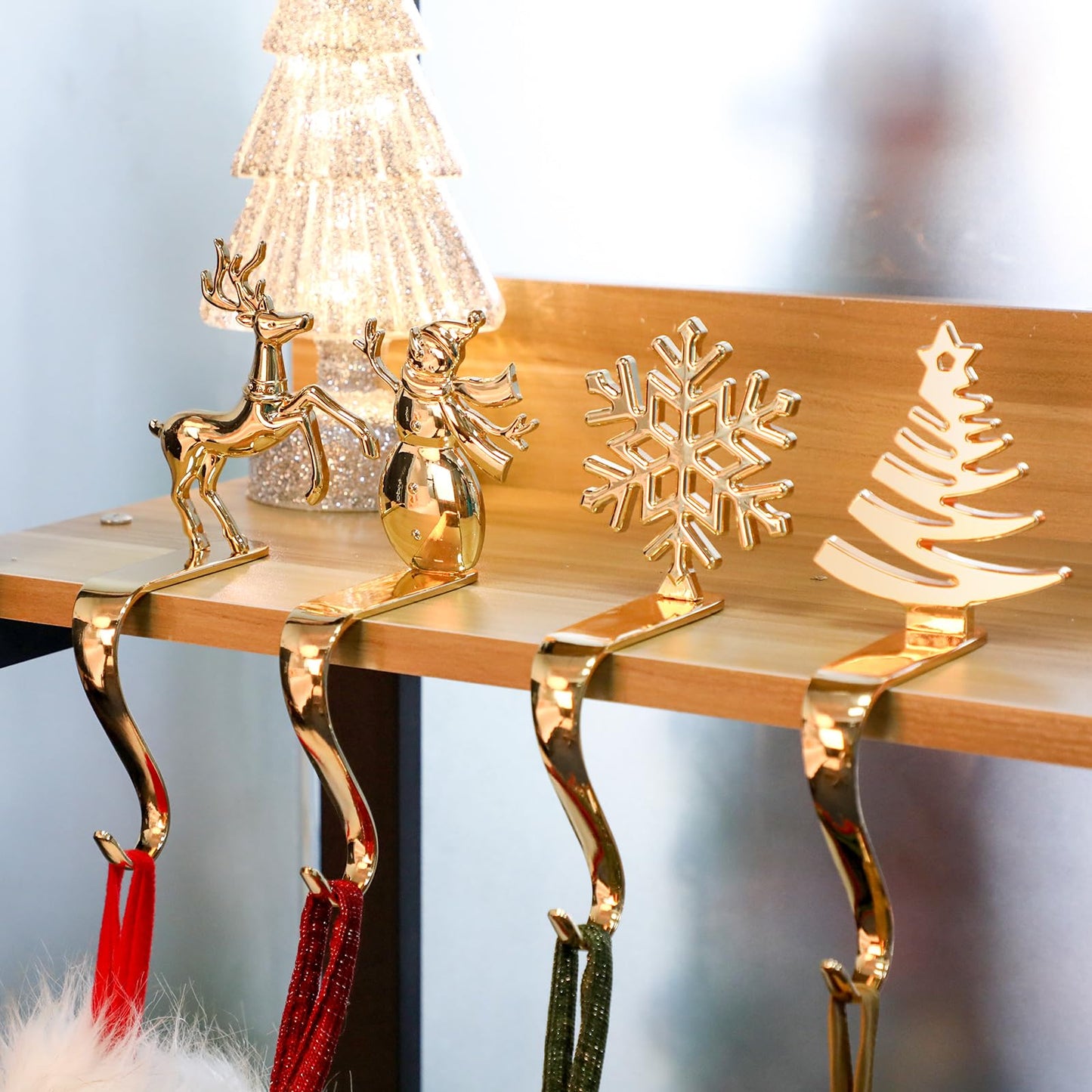Fonder Mols Christmas Stocking Holders for Mantle, Xmas Fireplace Hanger Hooks Metal Grips Clips (Gold)