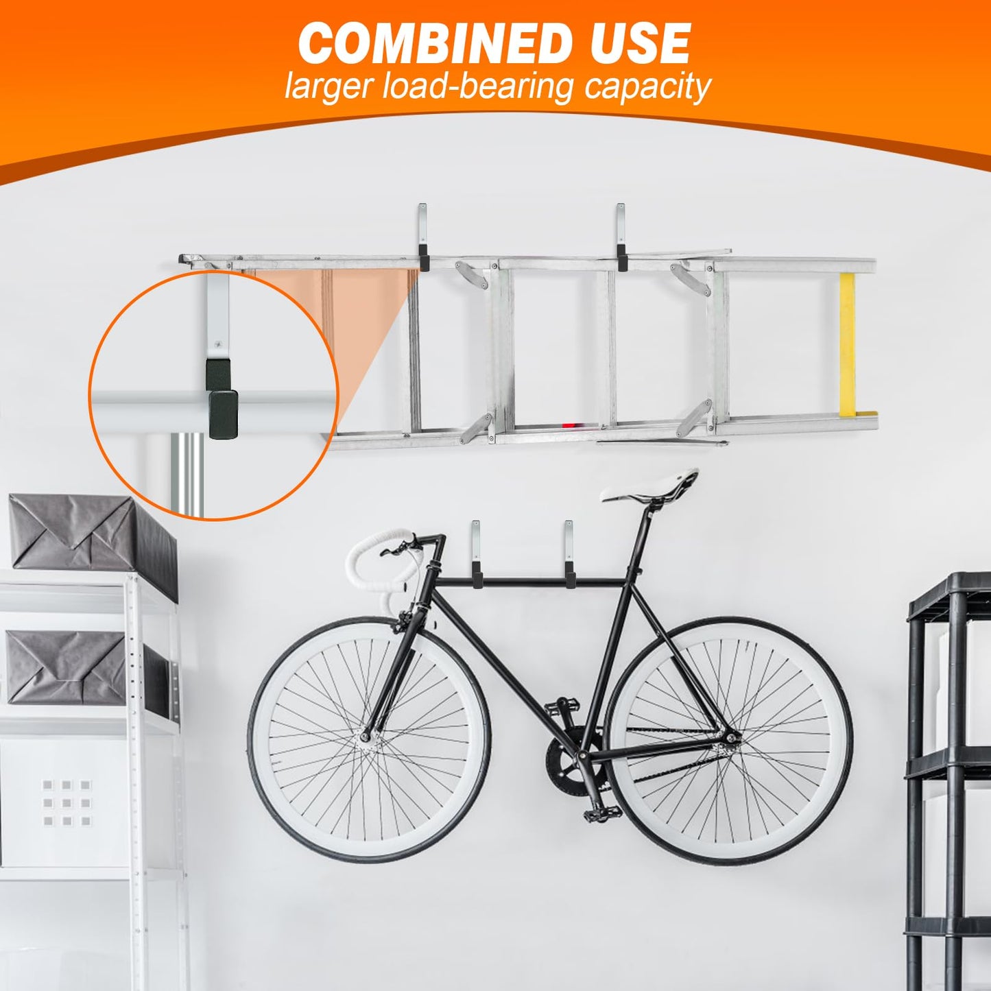TVKB Ladder Hangers for Garage Wall Garage Hooks Heavy Duty Wall Hooks Set of 4 Tool Organizers and Storage Wall Mount Garage Storage Utility Rack Tool Holder for Garage Garden Shed Shop Bike Hose
