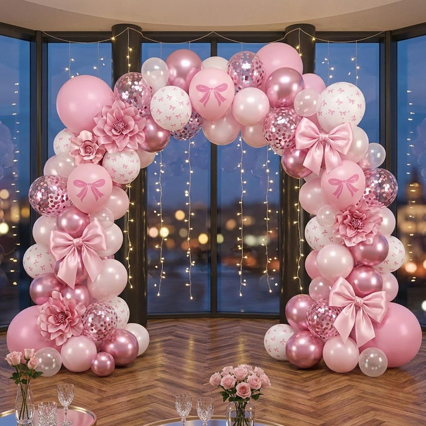 Pink Bow Balloons, 60pcs Pink and White Balloons, Bow Printed Balloon Metallic Confetti Balloon For Girls Women Princess Coquette Birthday Bridal Baby Shower Party Engagement Wedding Anniversary Decor