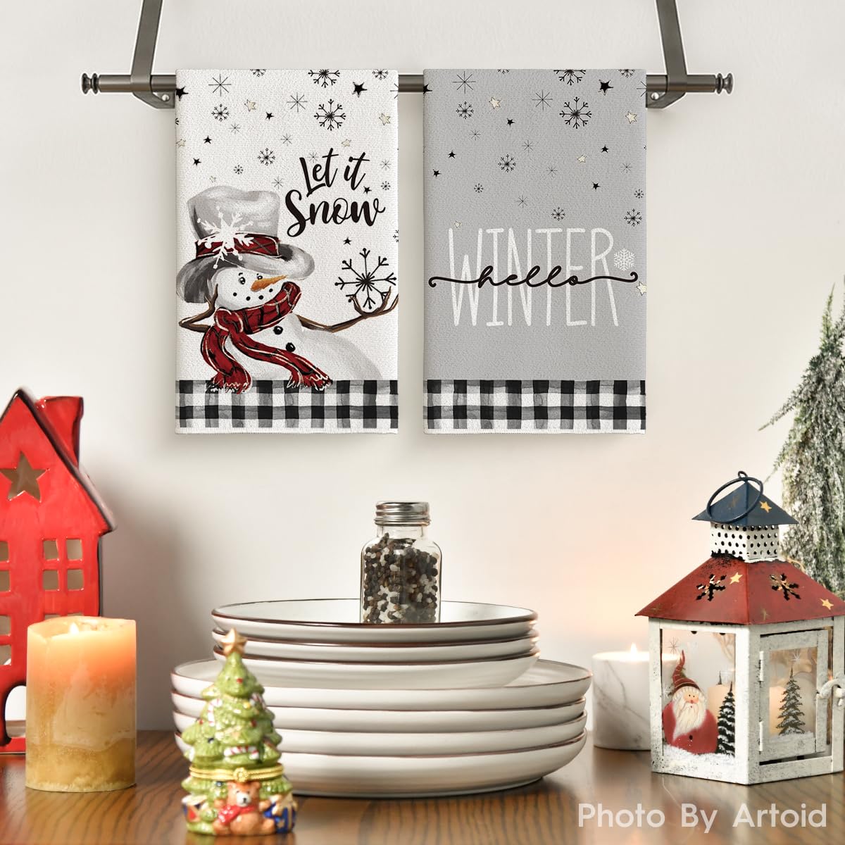 Artoid Mode Buffalo Plaid Snowman Let It Snow Winter Kitchen Towels Dish Towels, 18x26 Inch Daily Seasonal Christmas Decoration Hand Towels Set of 2