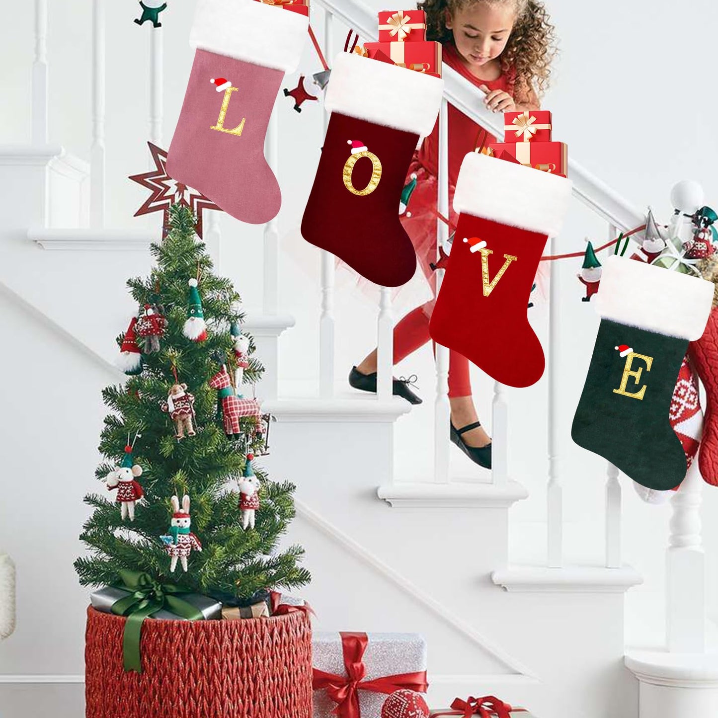 Eoocan 20 Inches Monogram Christmas Stockings Red Velvet with White Super Soft Plush Cuff Embroidered Xmas Stockings Classic Personalized Stocking Decorations for Family Holiday Season Decor(Letter A)