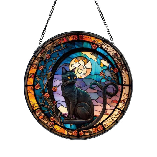 JZZNNFEZN Black Cat Stained Glass Window Hanging,7.87’’ Stained Glass Suncatcher for Window for Cat Lovers,Hanging Ornaments Round Women Gifts for Family Friends, Housewarming Gift (A Style)