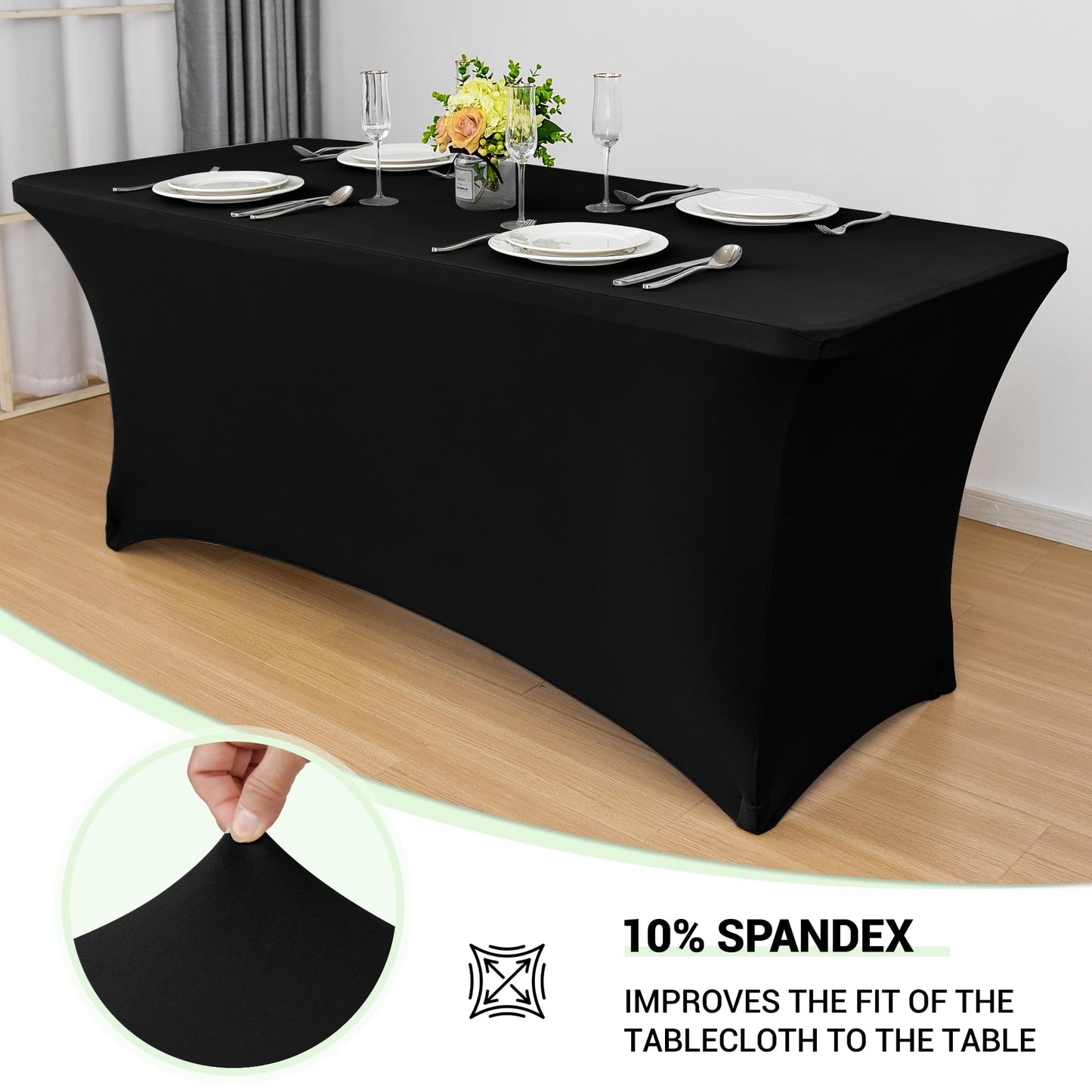 Obstal 6ft Stretch Black Spandex Table Cloth for Standard Folding Tables - 2 Pack Universal Rectangular Fitted Tablecloth Protector for Wedding, Trade Show, Vendor Stand