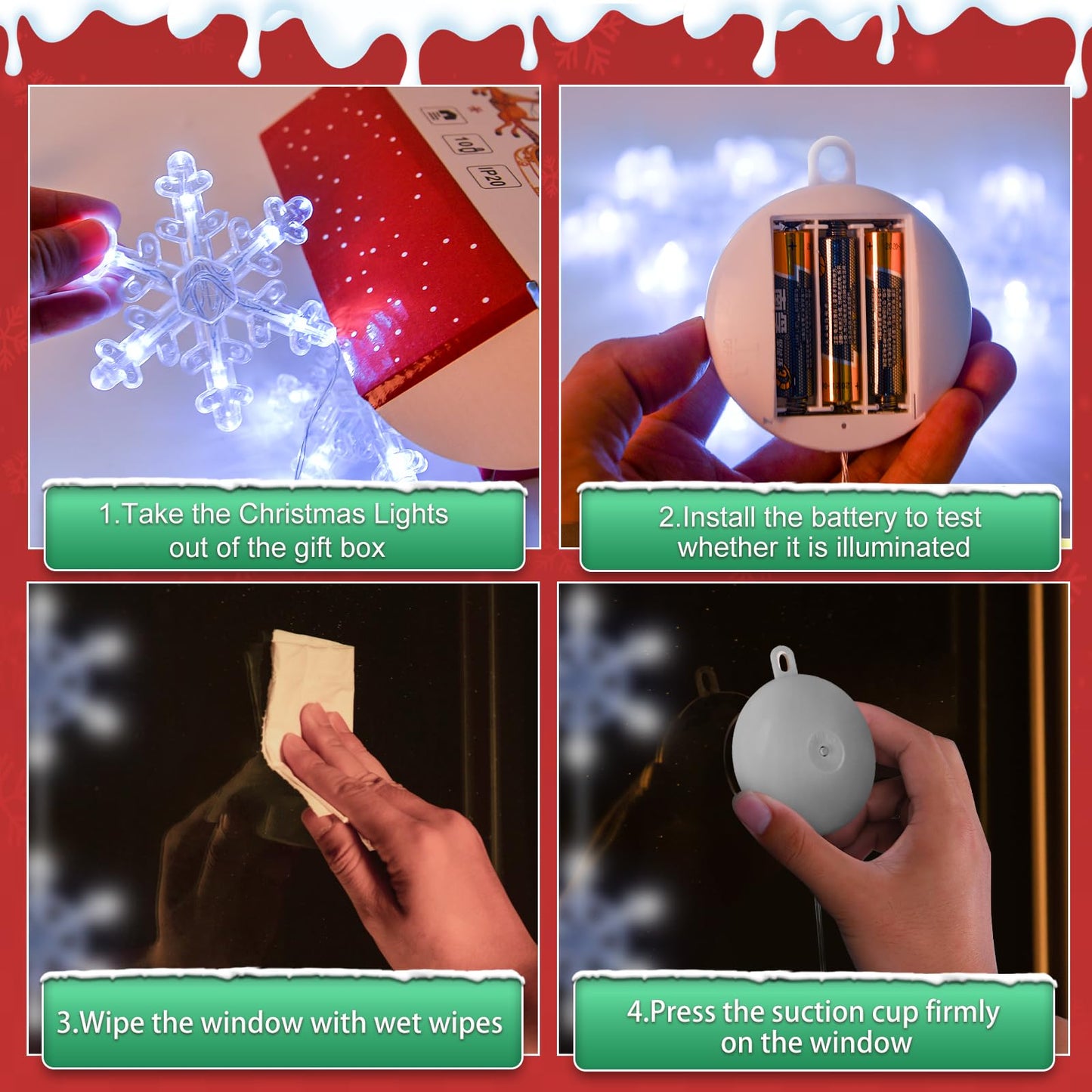 LYUBASA 3Pcs Christmas Window Lights Decorations with Timer, Battery Powered Christmas Window Hanging White Lighted Snowflake Shaped LED Sucker String Lamp for Xmas Tree Fireplace Window Indoor Decor