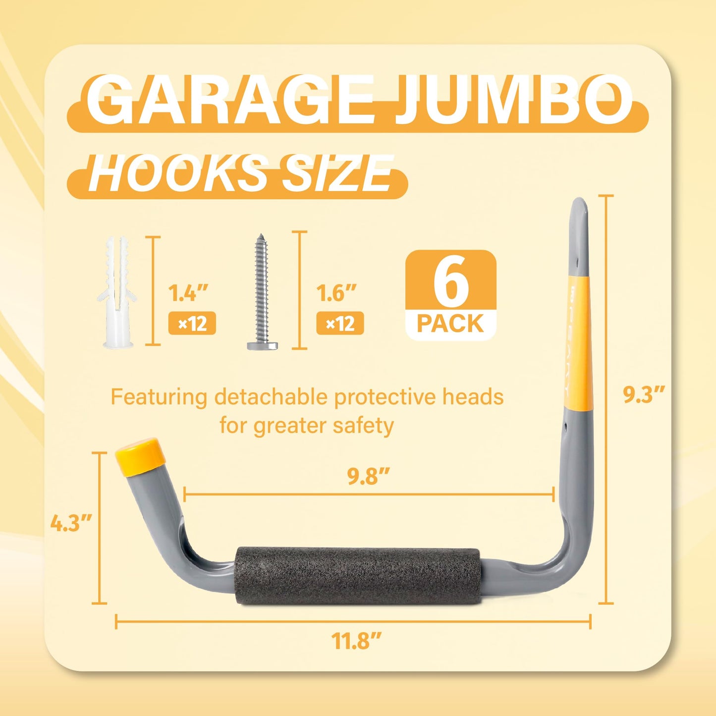 BFPeaky 9.8" Ladder Hooks for Garage Wall, 6PC Garage Storage Hooks with Jumbo Arm, Heavy Duty Large Hooks for Tools, Bikes, Chairs, and Outdoor Organization