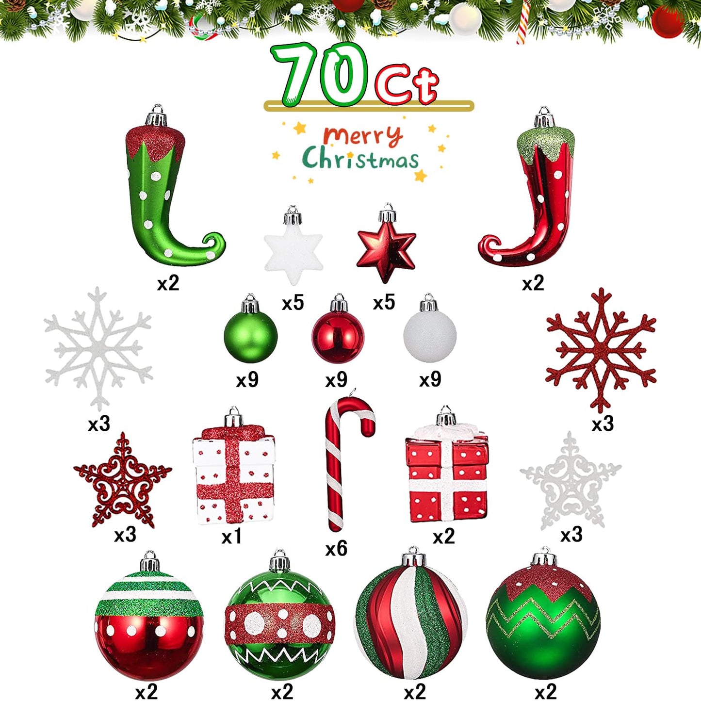 SVNVIOZ Christmas Ball Ornaments Set, Elf Boots Theme 70ct Classic Collection Splendor Red Green White Christmas Ball Ornaments, Shatterproof Xmas Balls for Christmas Tree Decoration