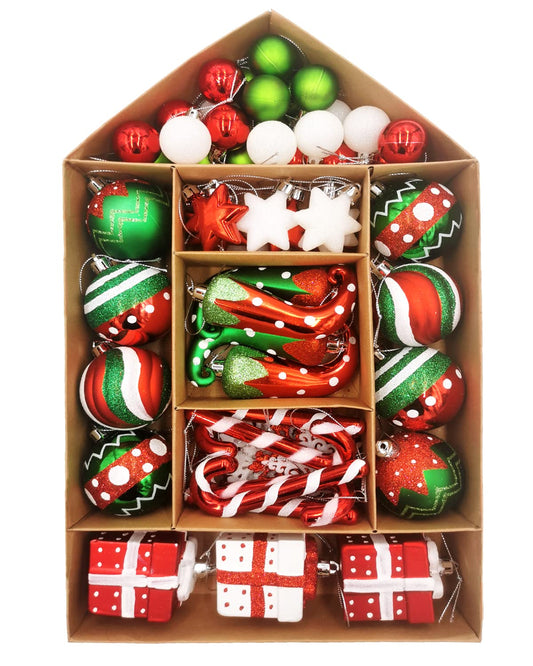 SVNVIOZ Christmas Ball Ornaments Set, Elf Boots Theme 70ct Classic Collection Splendor Red Green White Christmas Ball Ornaments, Shatterproof Xmas Balls for Christmas Tree Decoration