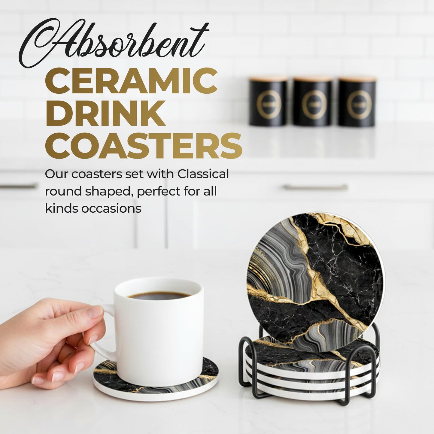 Elegant Black & Gold Marble Ceramic Coasters - Set of 4 with Black Metal Holder - Round Drink Coasters for Coffee, Tea, Whiskey, Wine - Stylish Home & Kitchen Decor