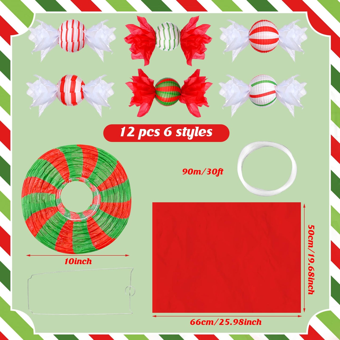 Riakrum 12 Pcs Christmas Candy Paper Lanterns 10 Inch Red Green White Christmas Hanging Paper Lantern Decorations Craft Sets for Xmas Party Supplies Indoor Outdoor Decor