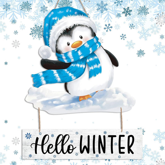 Winter Home Decor Penguin Door Sign Decor Winter Hanging Sign Hello Winter Door Sign Winter Signs for Home Decor Farmhouse Hanging Sign Decorative Wall Plaque