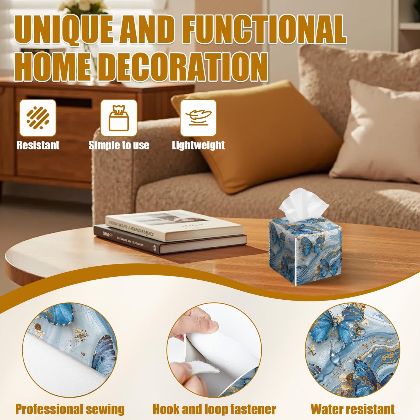 Blue Butterfly Tissue Box Cover 2PCS, Marble Leather Tissue Box Holder Square Facial Paper Case Tissue Box Cube Organizer for Bathroom Bedroom Desk Office