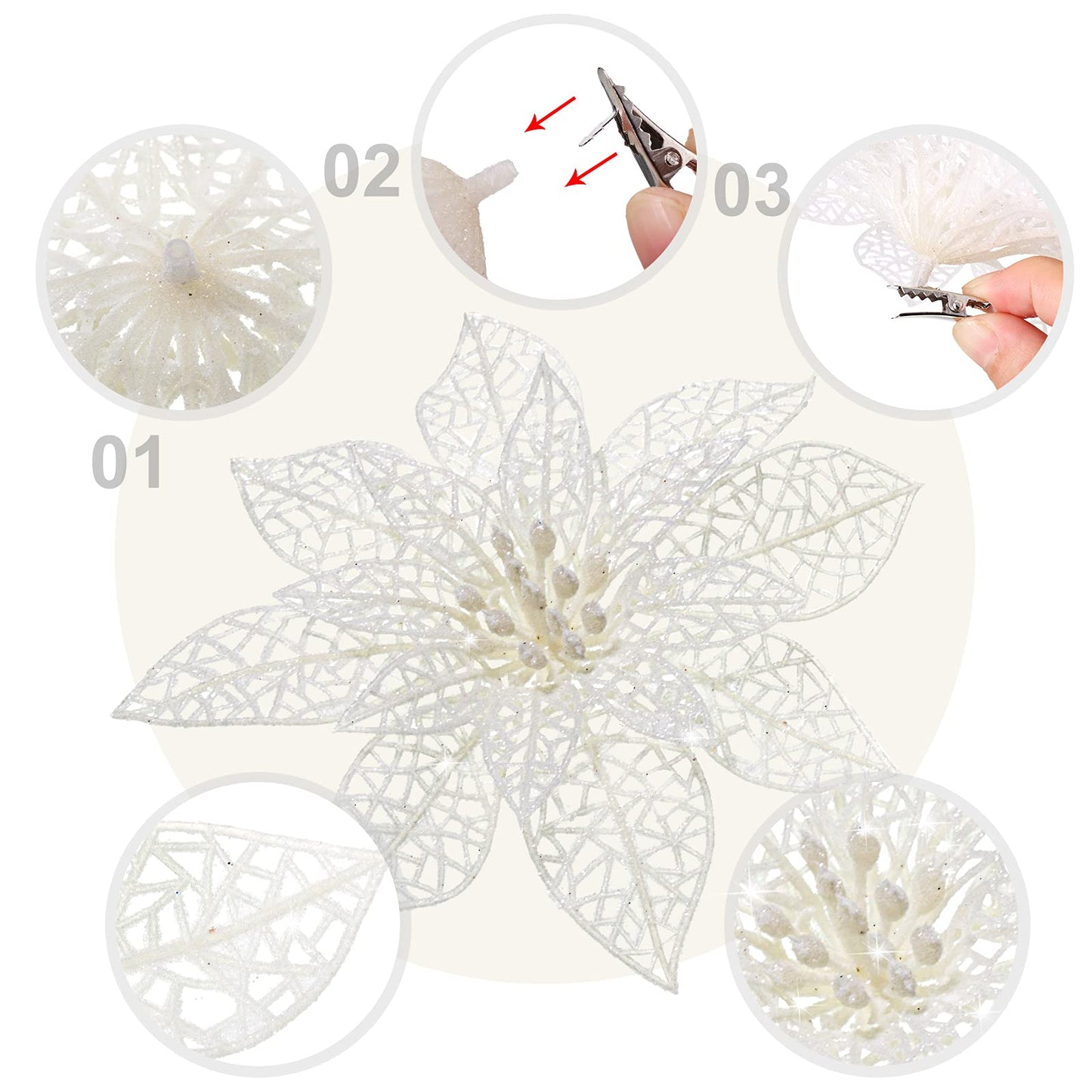 Boao White 24 Pieces Poinsettia Flower Christmas Glitter Artificial Poinsettia with Clips Christmas Tree Ornament Decorations for DIY Xmas Wreath Holiday Home Party Decor, 3/4/6 Inches