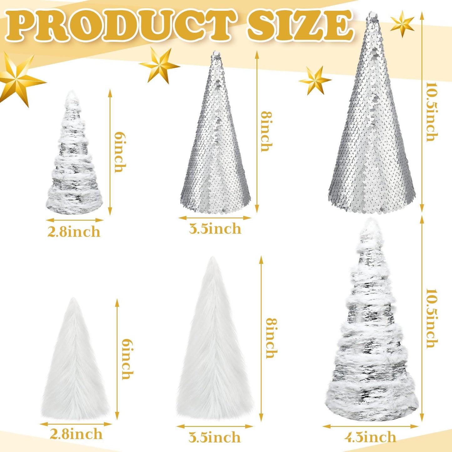 Kigley 6 Pcs White Feather Christmas Cone Tree 10.5" 8" 6" Cone Pedestal Decor Silver Sequins Christmas Tree Table Decorations Xmas Table Centerpiece Farmhouse Xmas Home Winter Holiday Tabletop Decor