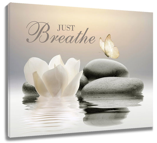 EOBTAIN Zen Flower Canvas Wall Art Bathroom Butterfly and Water Lily Stone Relaxing Spiritual Yoga Framed Wall Art Just Breathe Pictures Canvas Wall Decor for Living Room Bedroom,12x16 Inches