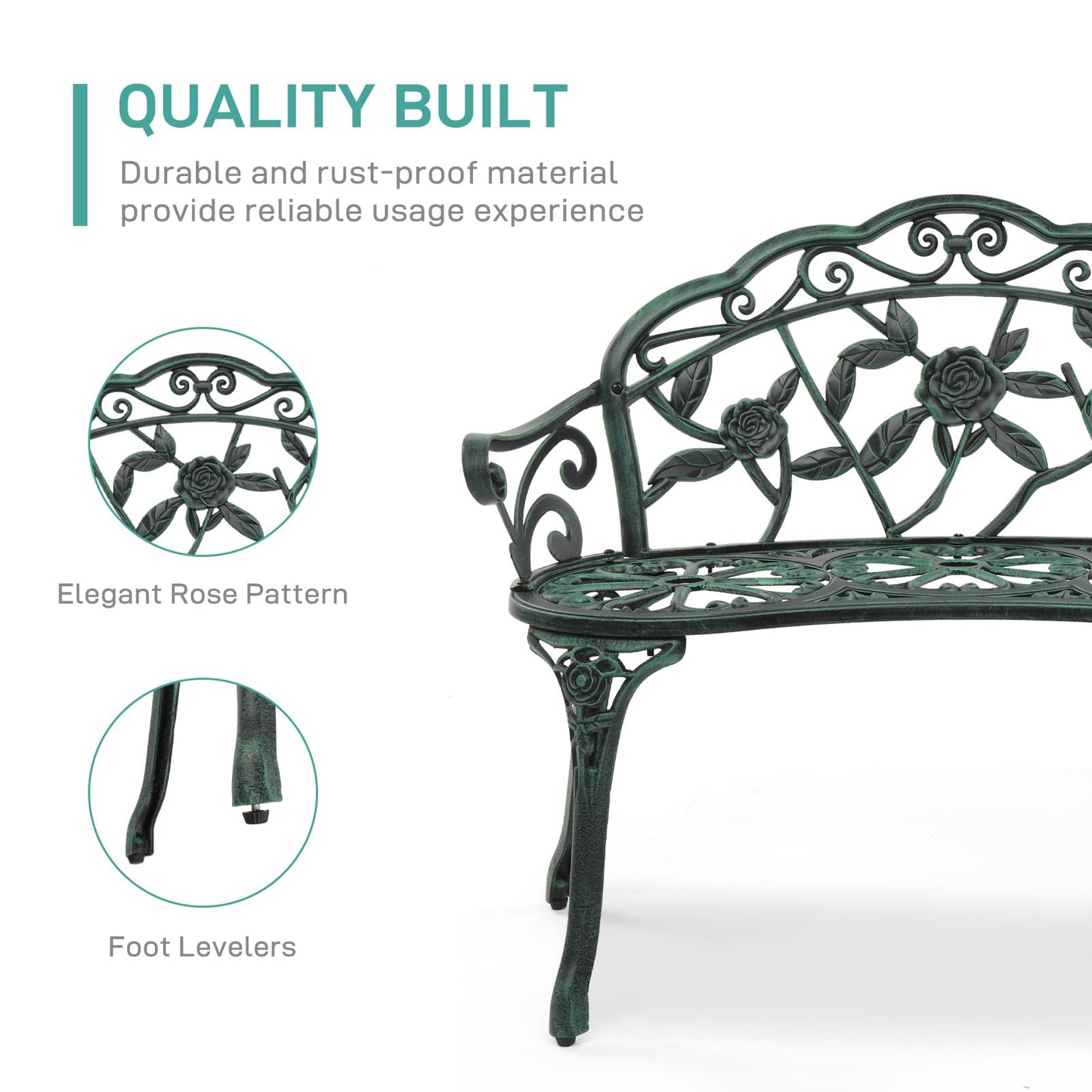 VINGLI 38.5" Patio Park Garden Outdoor Metal Rose Bench, 2-Person Cast Iron Cast Aluminium Frame Antique Finish Chair,Accented Lawn Front Porch Path Yard Decor Deck Furniture (Green, Rose)